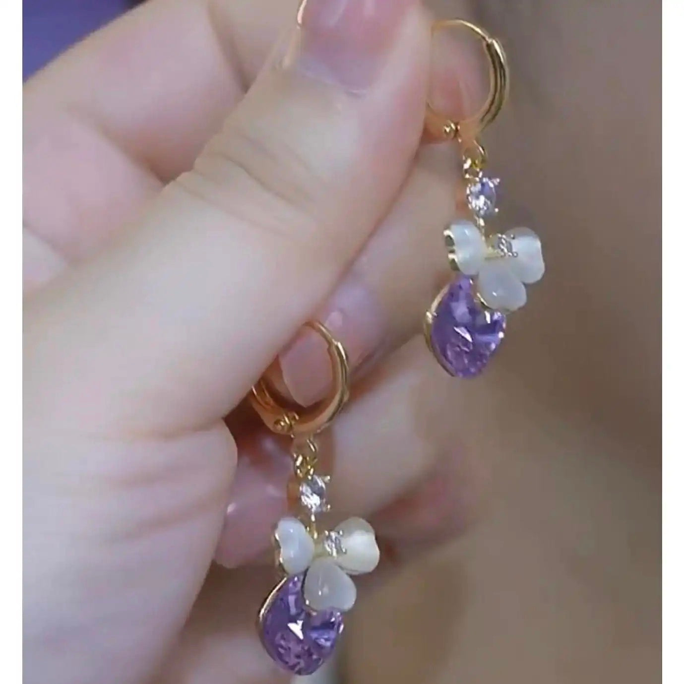 Purple Crystal Bead Tassel Drop Earrings