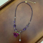 Purple Crystal Beaded Rose Flower Necklace