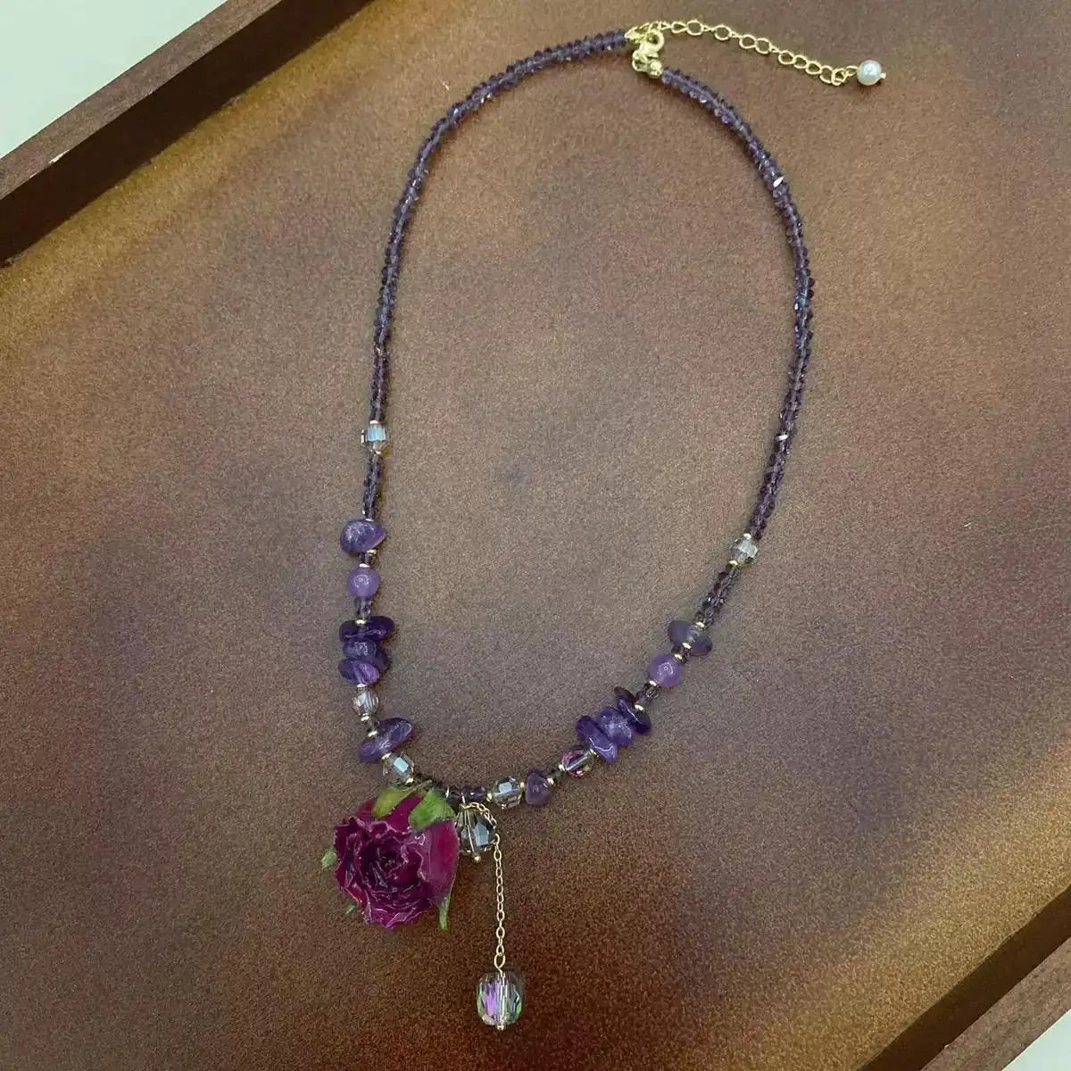 Purple Crystal Beaded Rose Flower Necklace