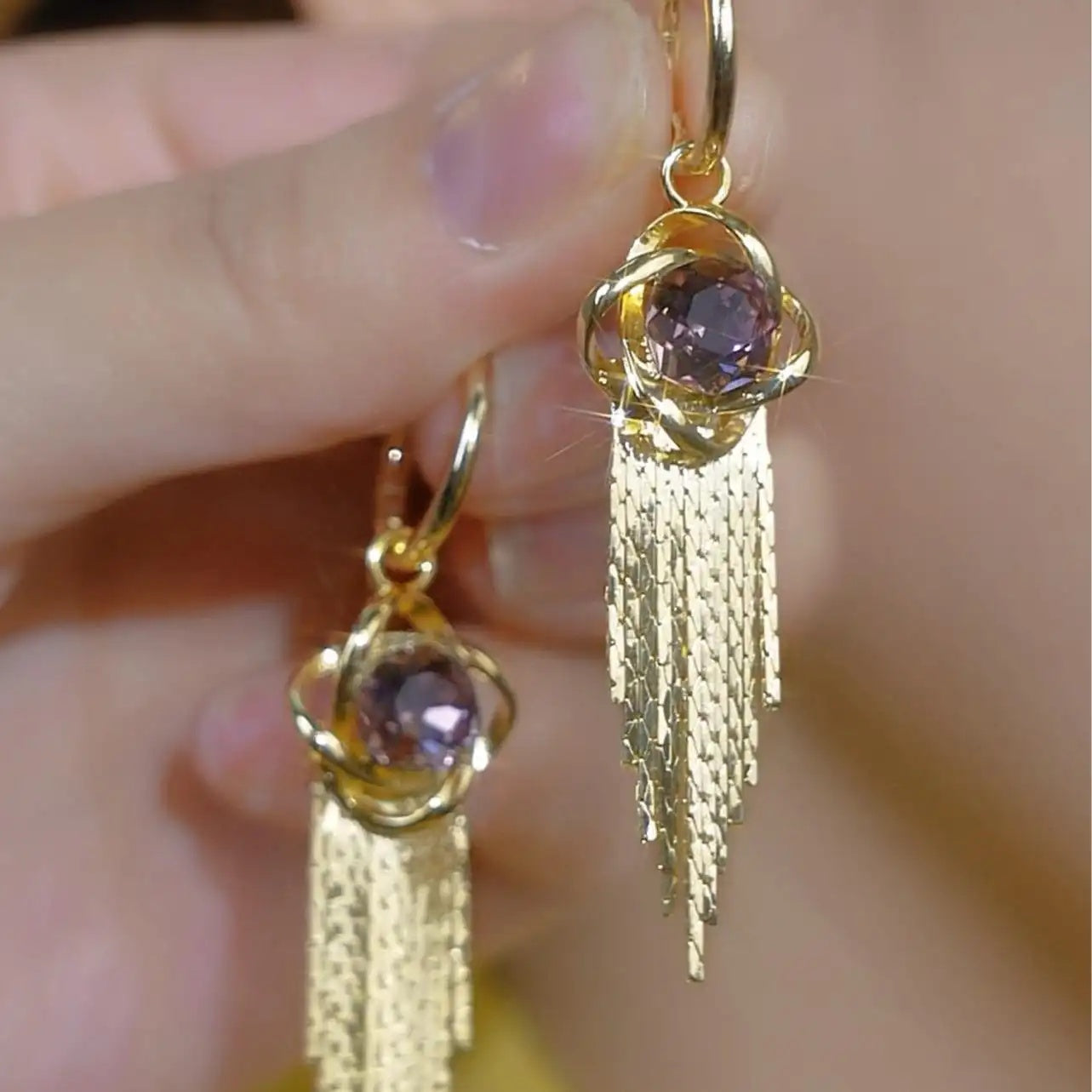 Purple Crystal Chain Tassel Earrings