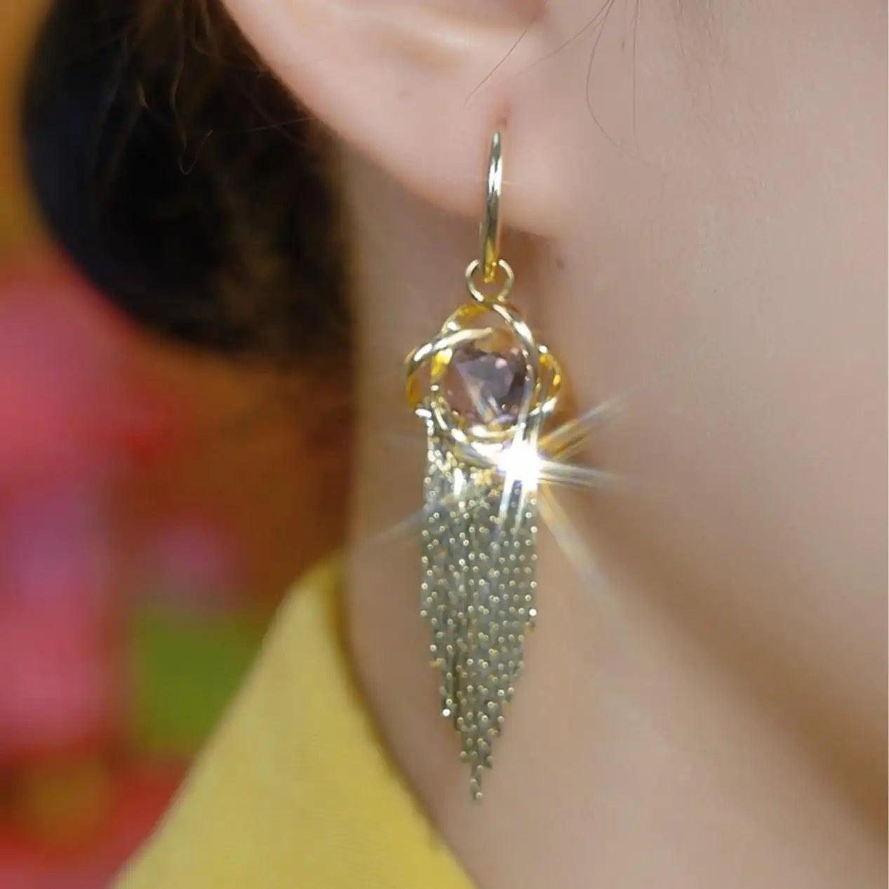 Purple Crystal Chain Tassel Earrings