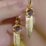 Purple Crystal Chain Tassel Earrings