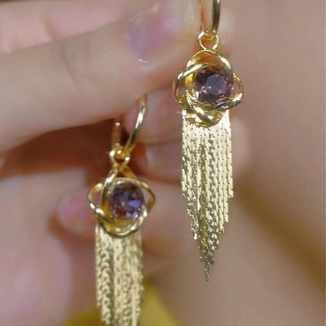 Purple Crystal Chain Tassel Earrings