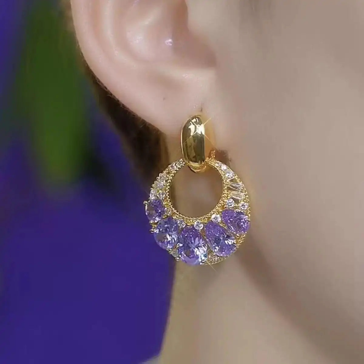 Purple Crystal Circle Drop Earrings