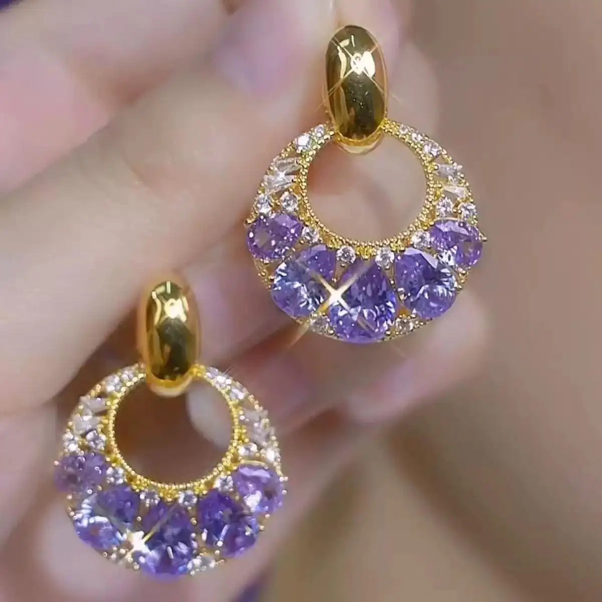 Purple Crystal Circle Drop Earrings