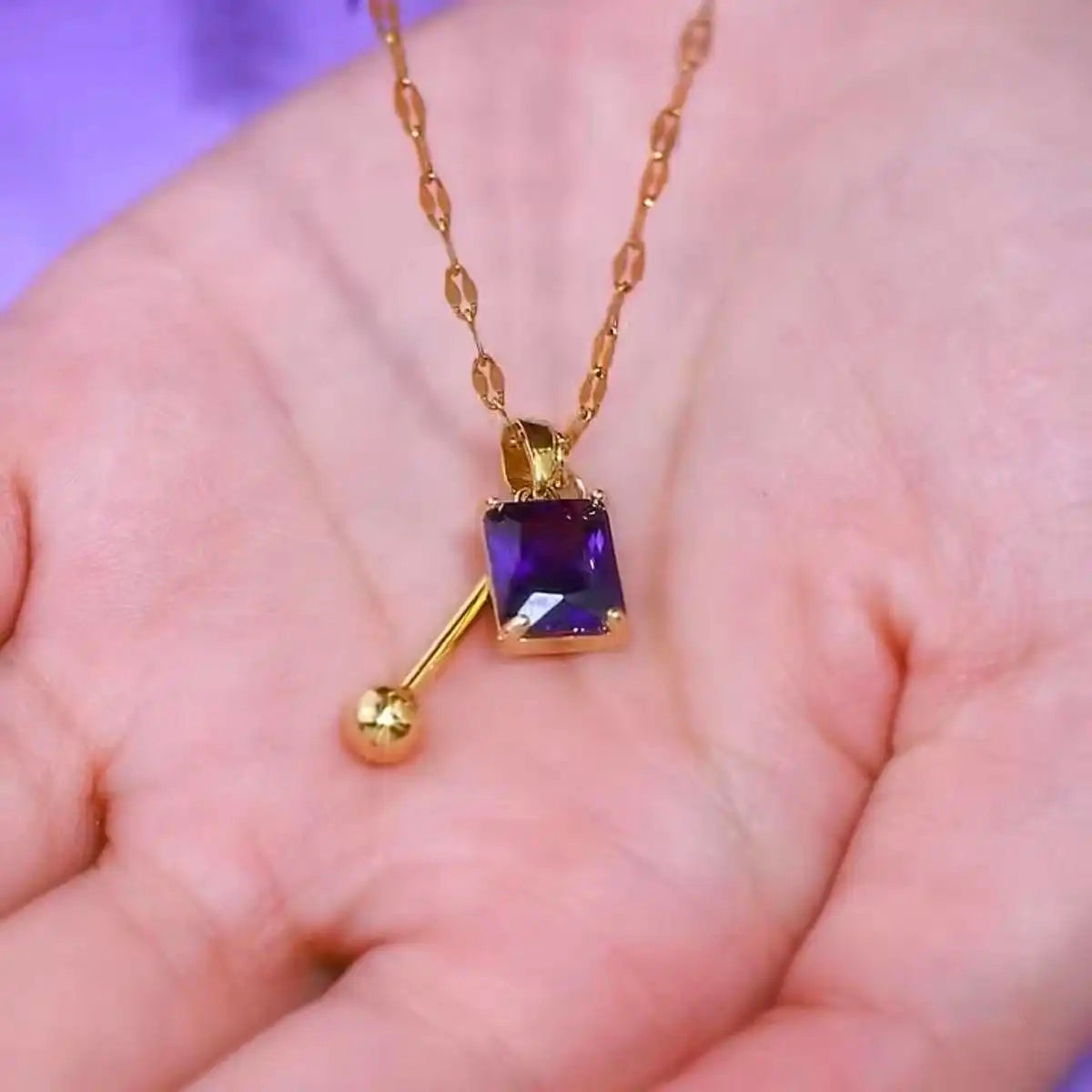 Purple Crystal Cube Pendant Necklace