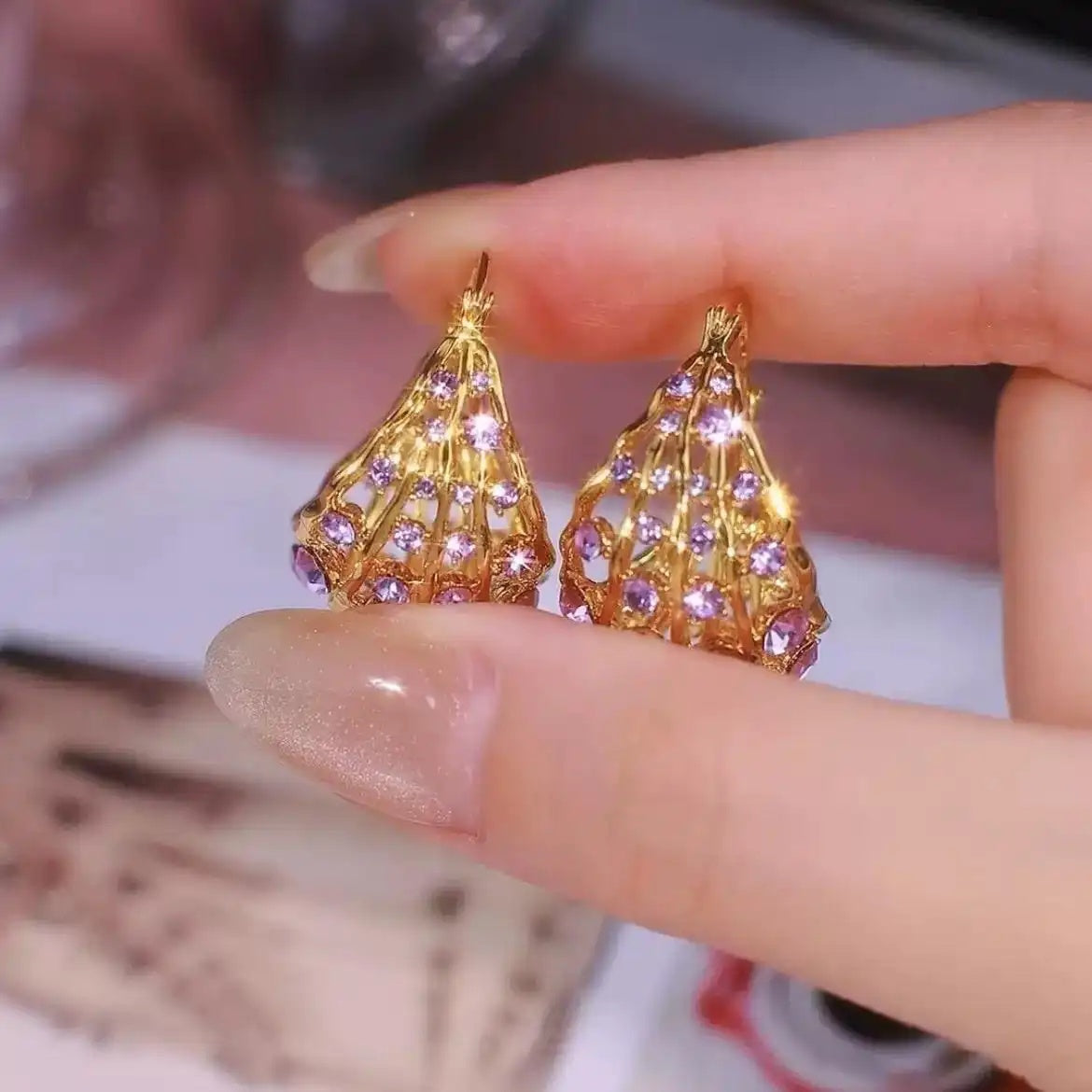 Purple Crystal Dome Stud Earrings