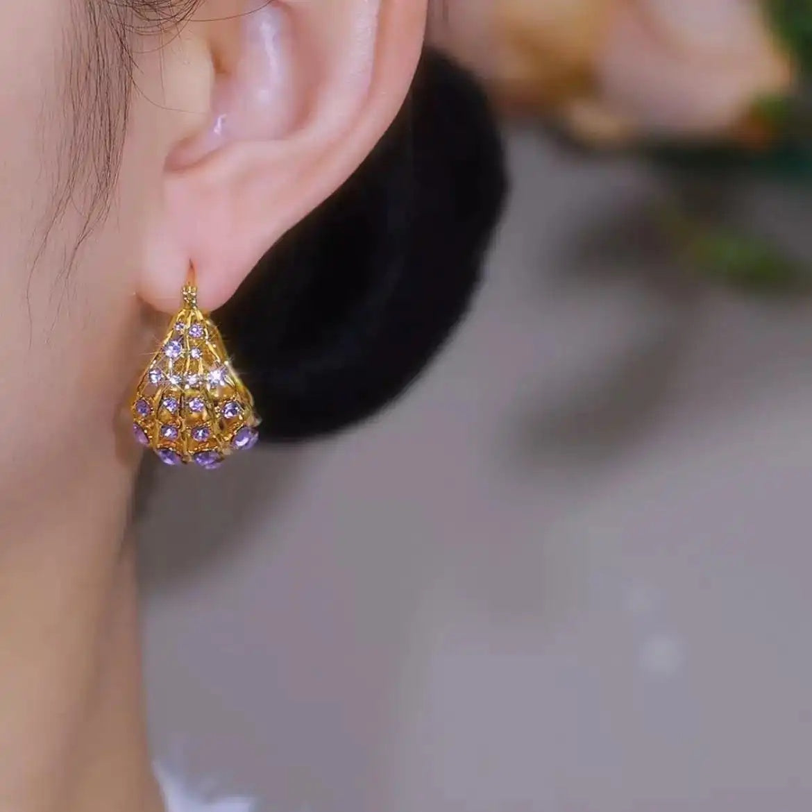 Purple Crystal Dome Stud Earrings