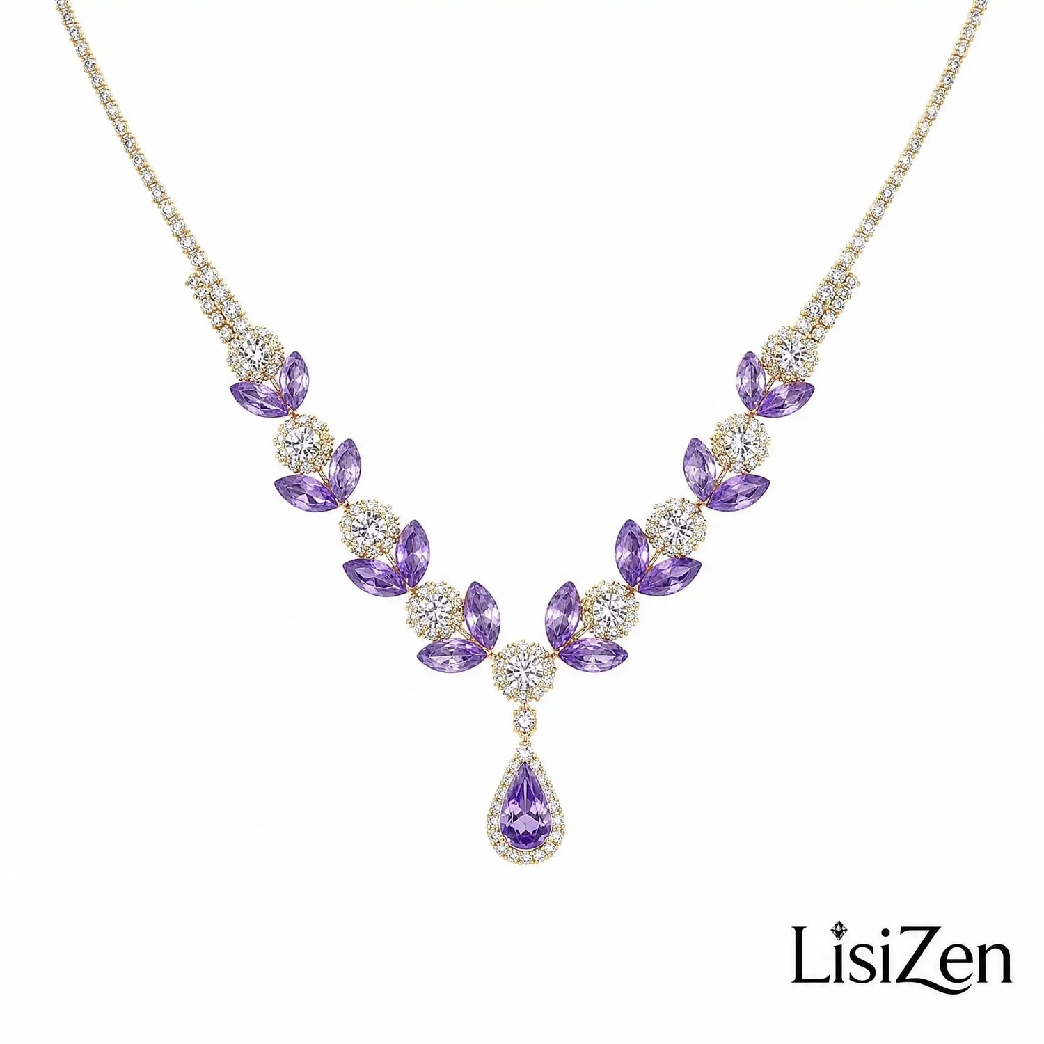 Purple Crystal Flower Bridal Necklace