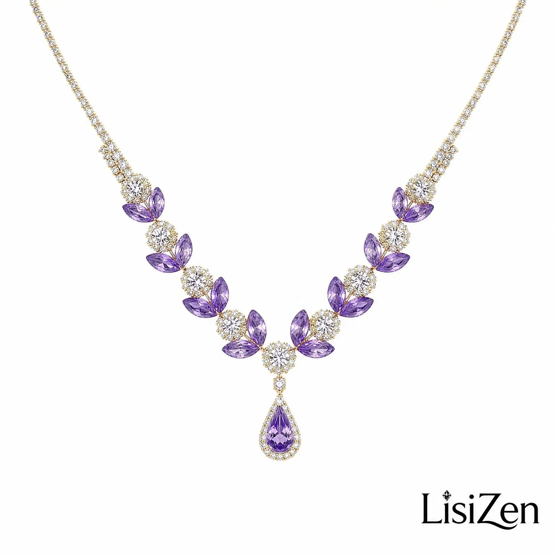 Purple Crystal Flower Bridal Necklace