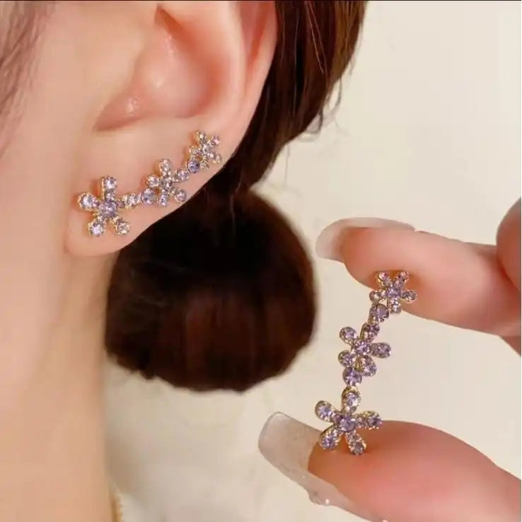 Purple Crystal Flower Cluster Stud Earrings