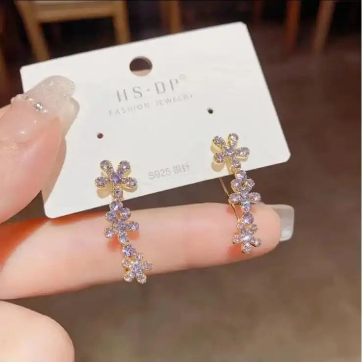 Purple Crystal Flower Cluster Stud Earrings