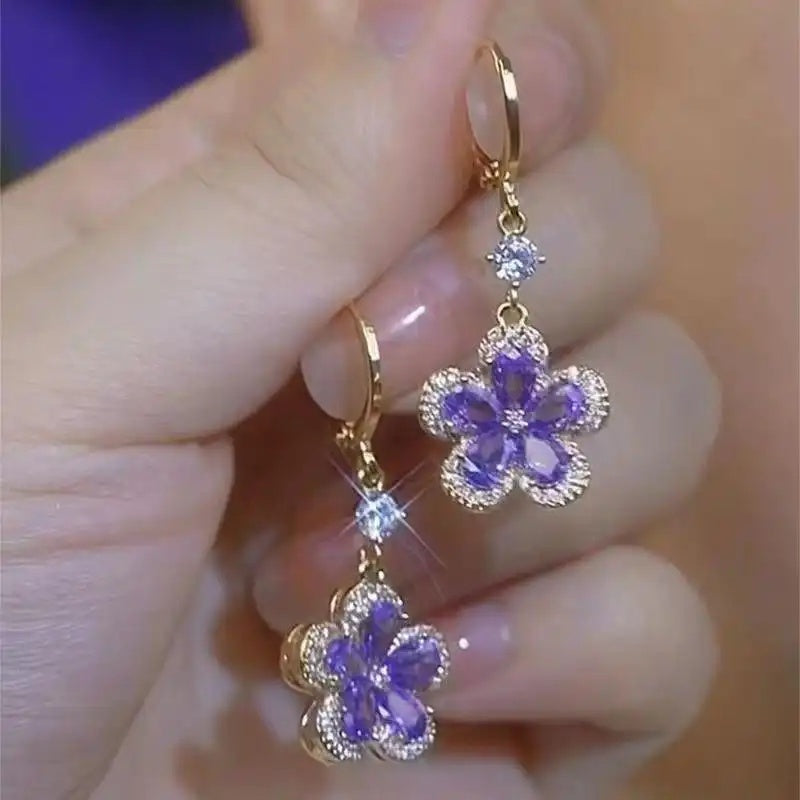 Purple Crystal Flower Five-Petal Floral Earrings
