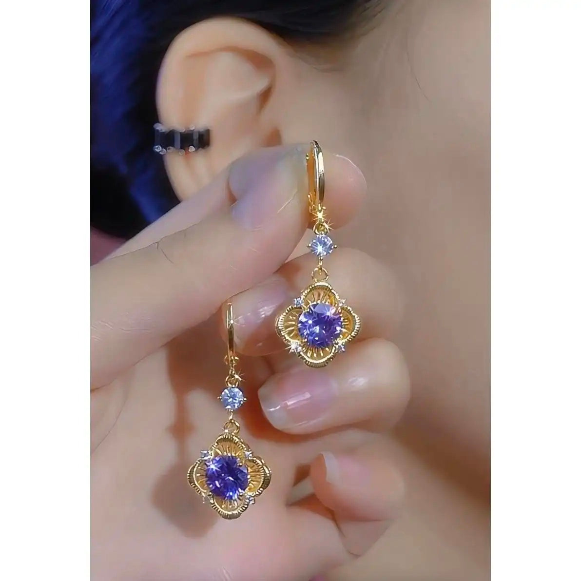 Purple Crystal Flower Hoop Earrings