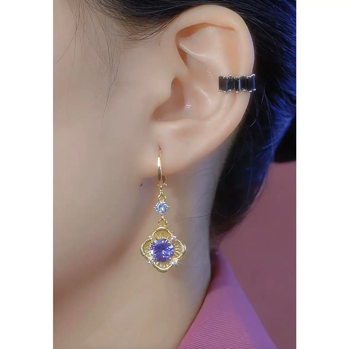 Purple Crystal Flower Hoop Earrings