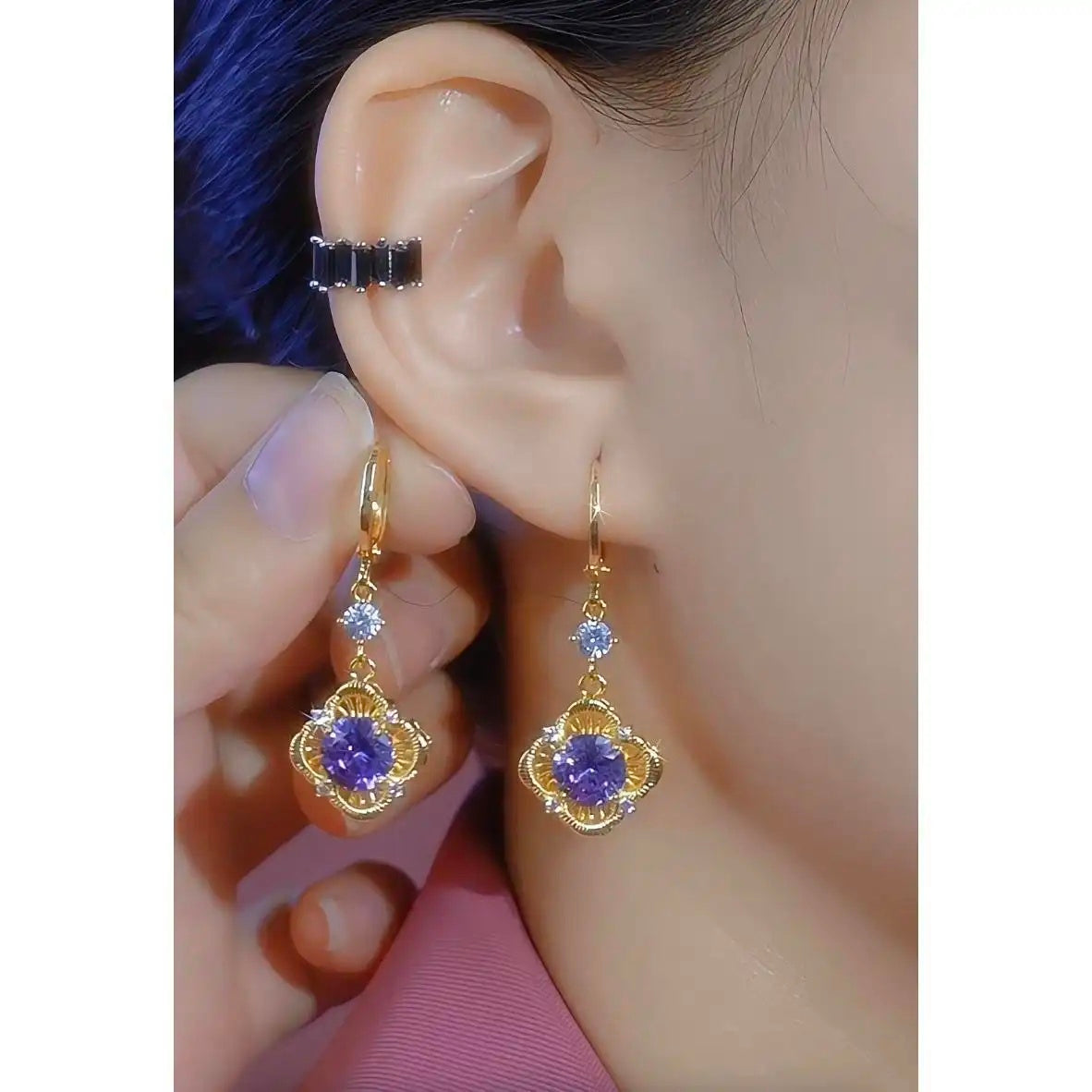 Purple Crystal Flower Hoop Earrings