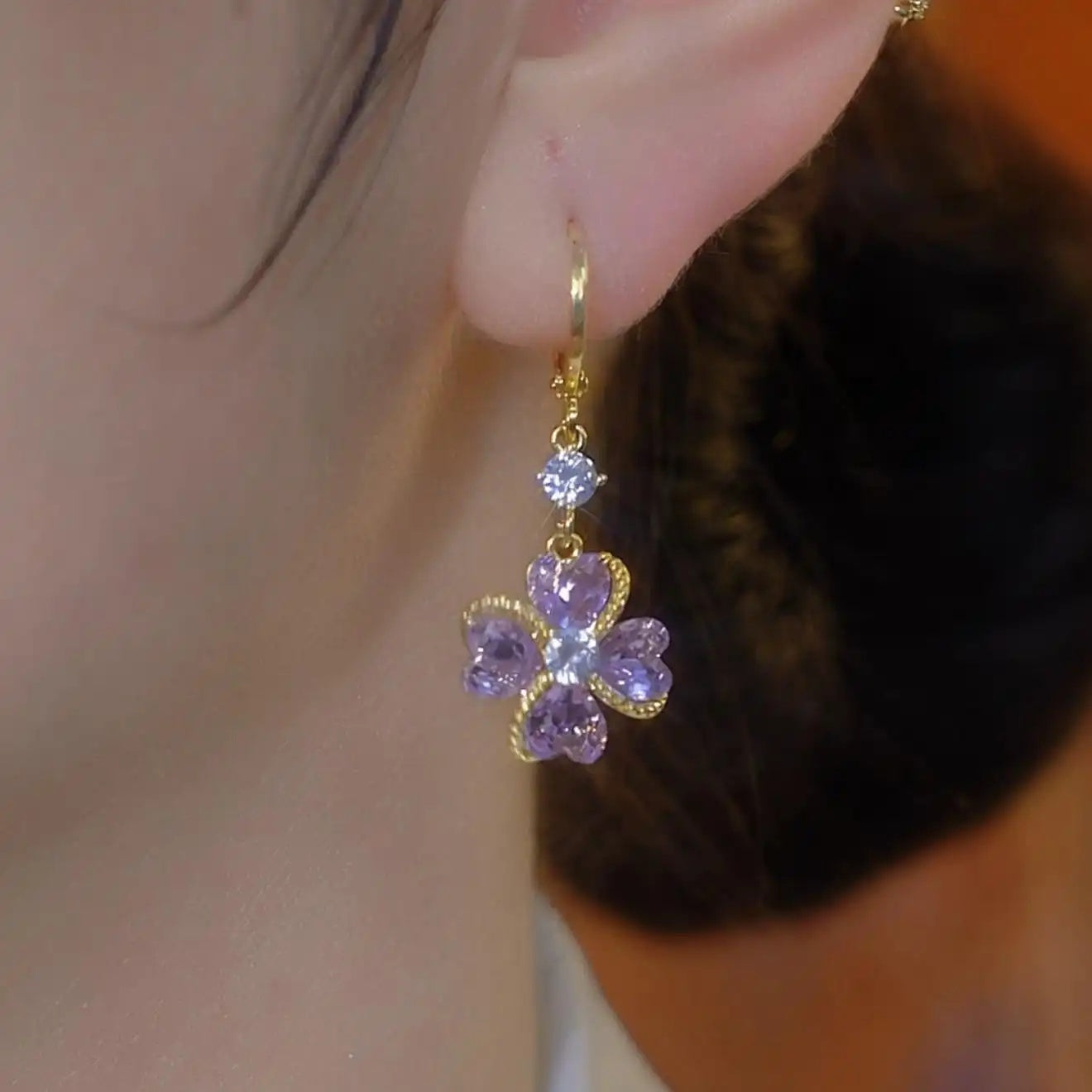 Purple Crystal Flower Stud Earrings