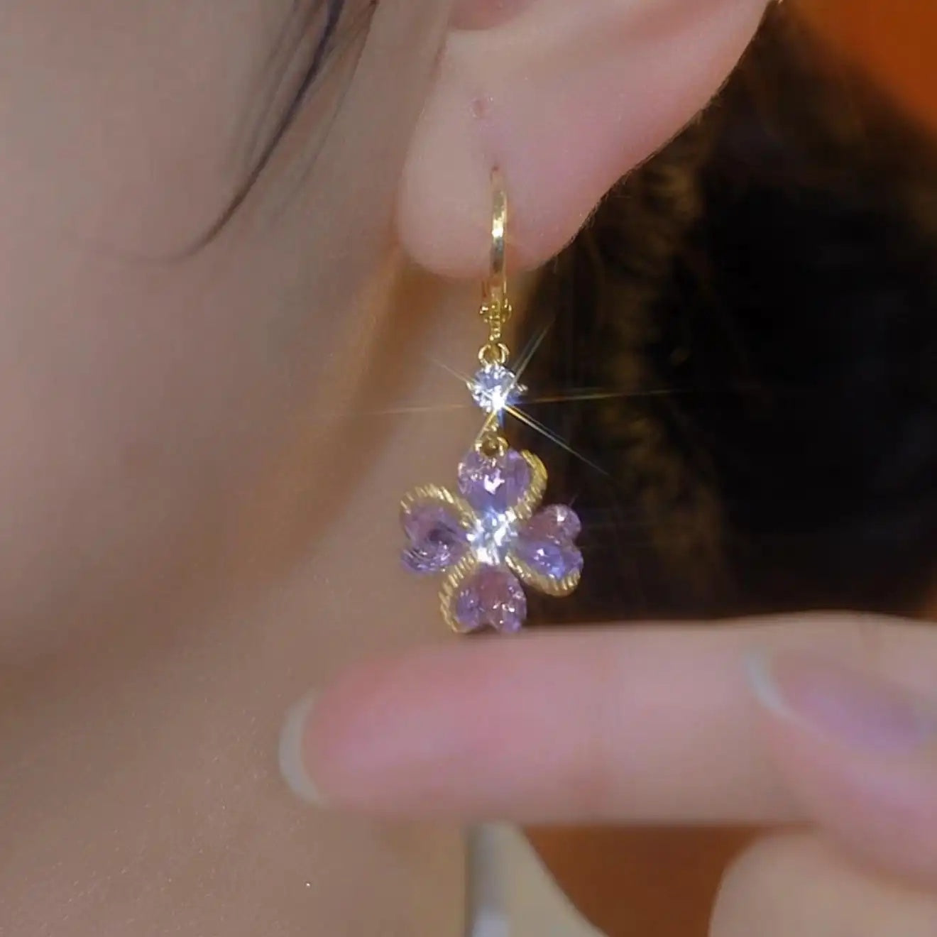 Purple Crystal Flower Stud Earrings