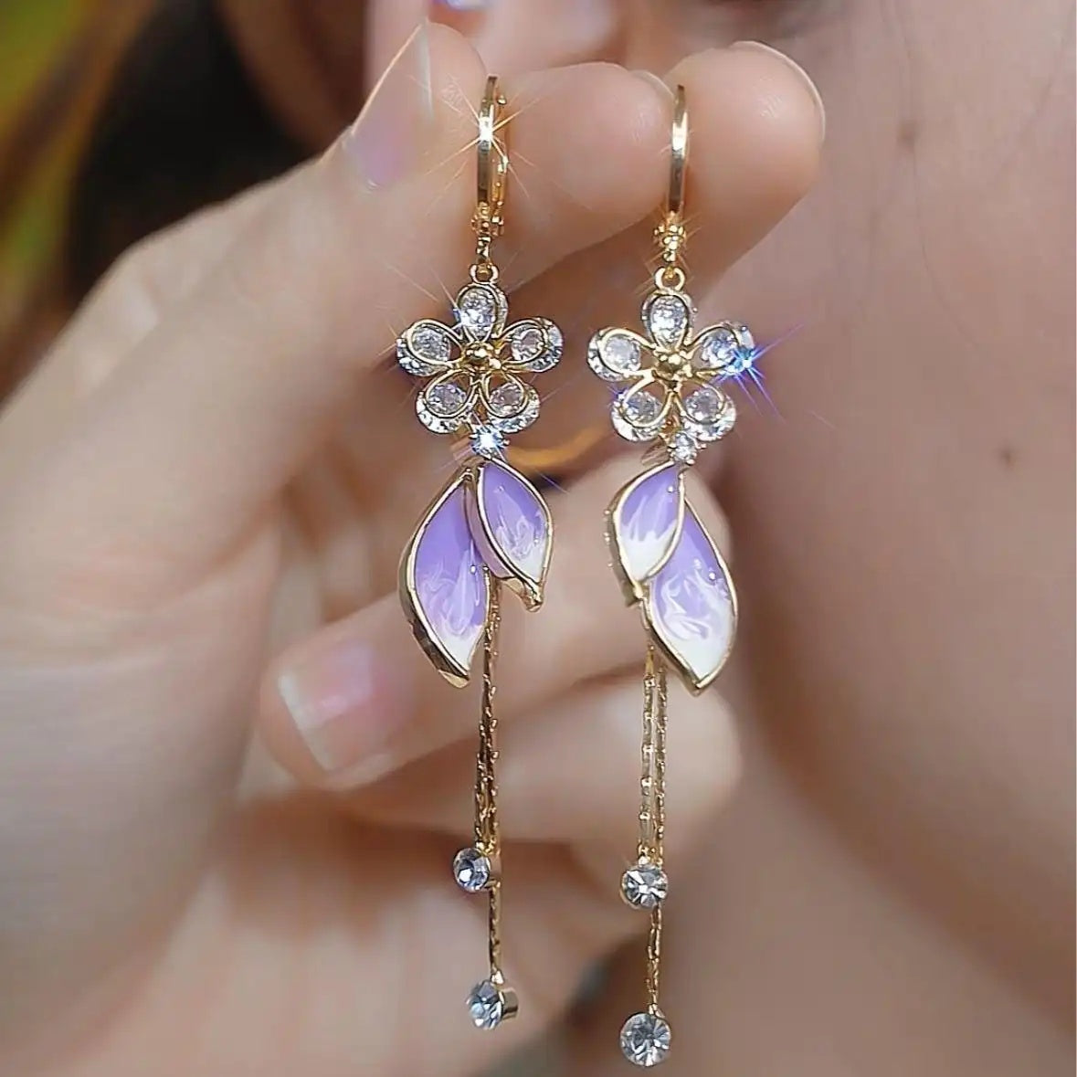 Purple Crystal Flower Tassel Drop Earrings