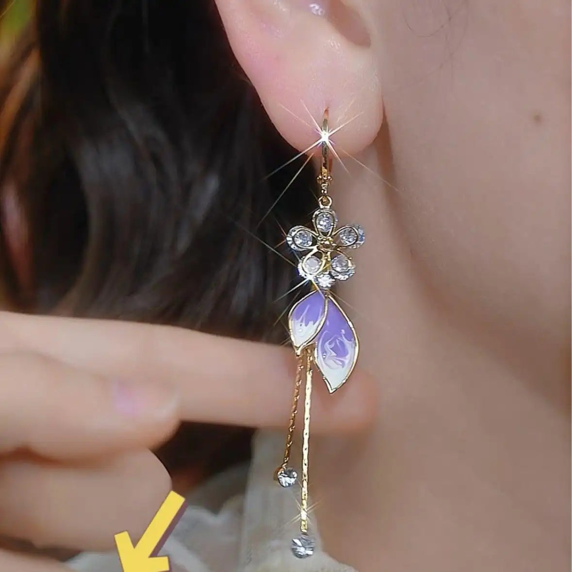 Purple Crystal Flower Tassel Drop Earrings
