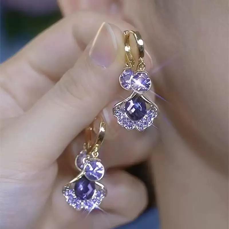 Purple Crystal Ginkgo Leaf Earrings