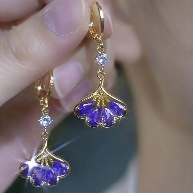 Purple Crystal Ginkgo Leaf Stud Earrings
