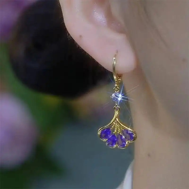 Purple Crystal Ginkgo Leaf Stud Earrings