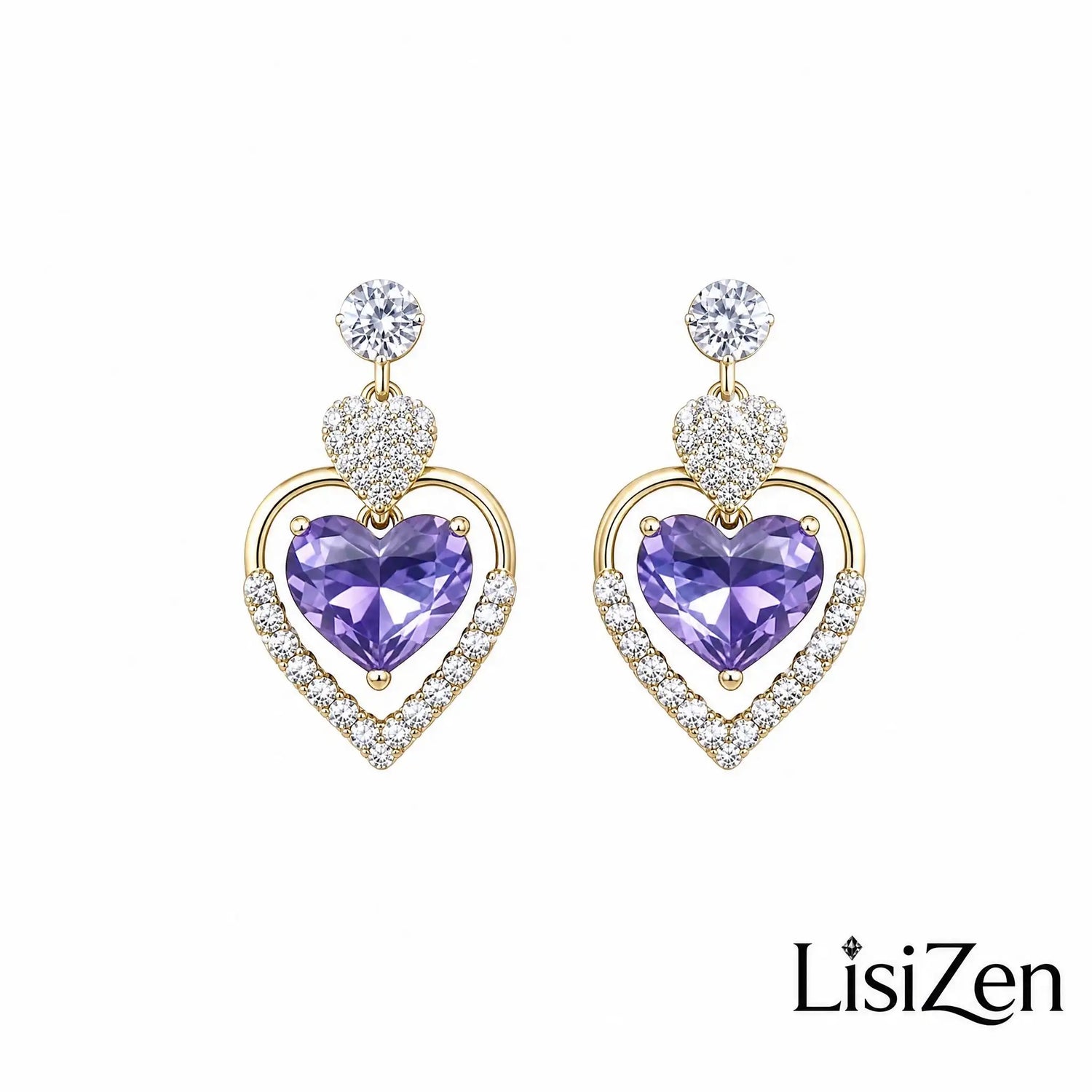 Purple Crystal Heart Drop Earrings