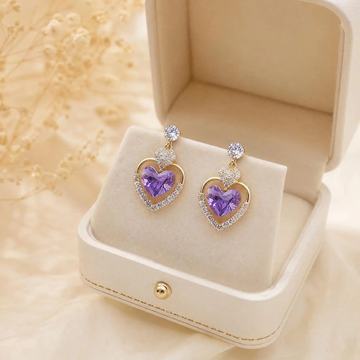 Purple Crystal Heart Drop Earrings