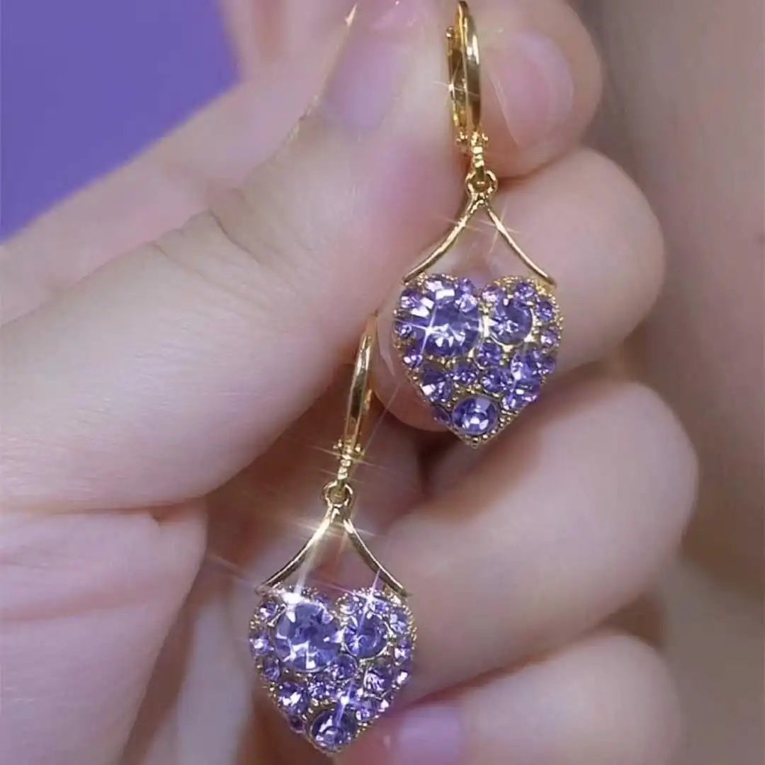 Purple Crystal Heart Hoop Earrings