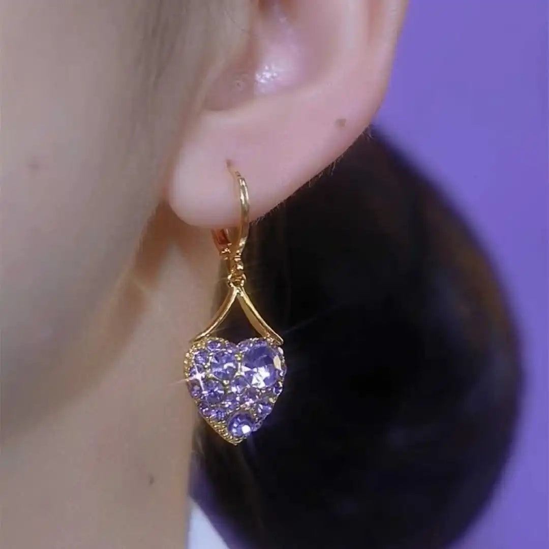 Purple Crystal Heart Hoop Earrings