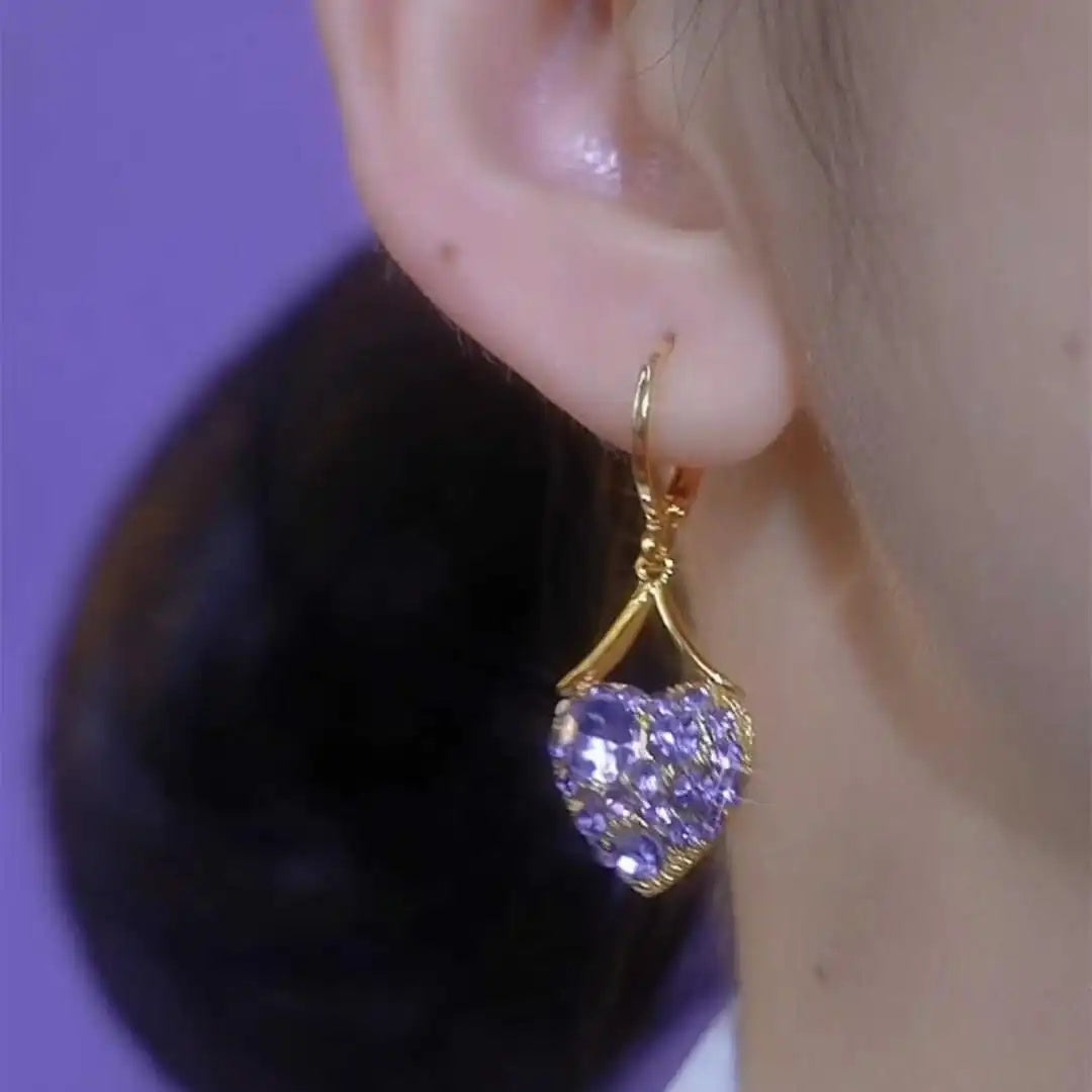 Purple Crystal Heart Hoop Earrings