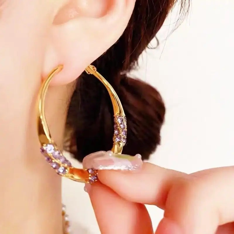 Purple Crystal Large Hoop Earrings