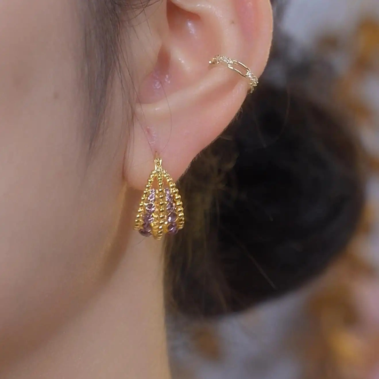 Purple Crystal Multi-Layer Geometric Hoop Earrings