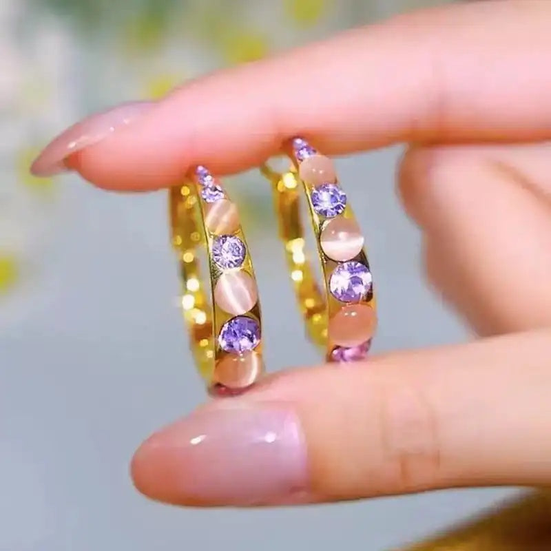 Purple Crystal Oval Hoop Earrings