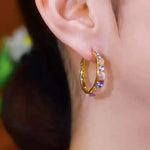 Purple Crystal Oval Hoop Earrings