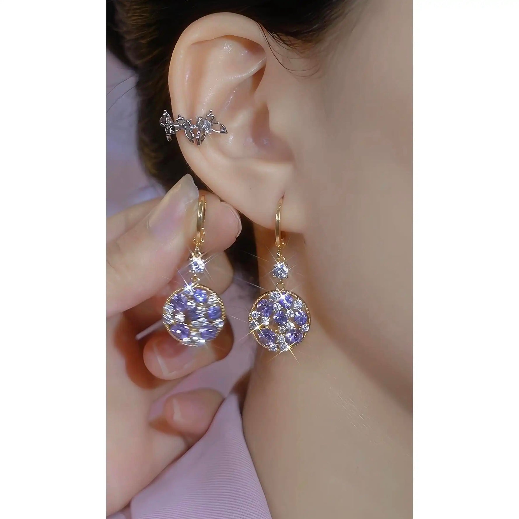 Purple Crystal Round Clip-On Earrings