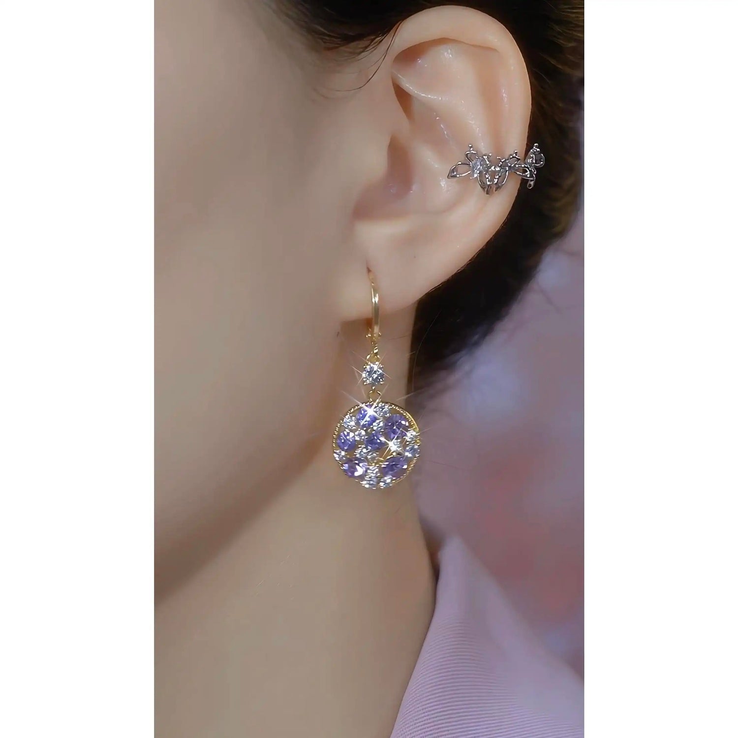 Purple Crystal Round Clip-On Earrings