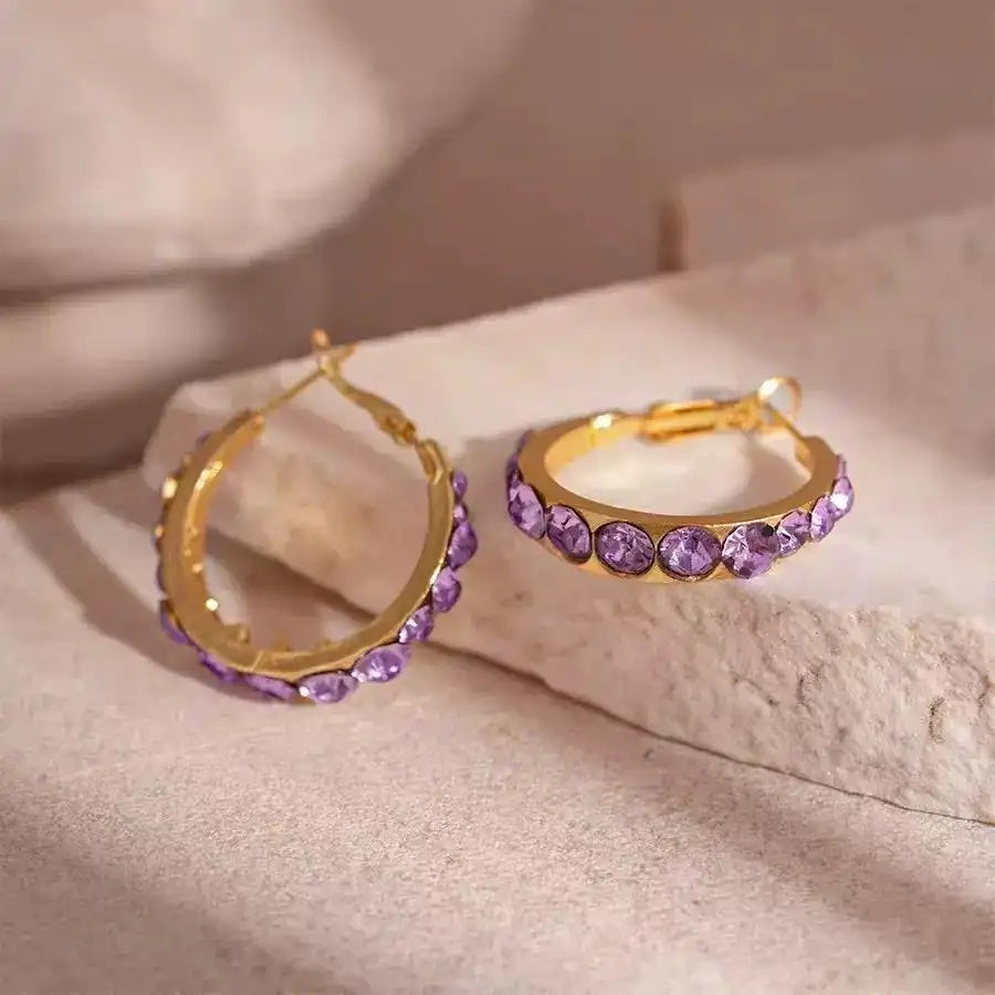 Purple Crystal Slim Hoop Earrings