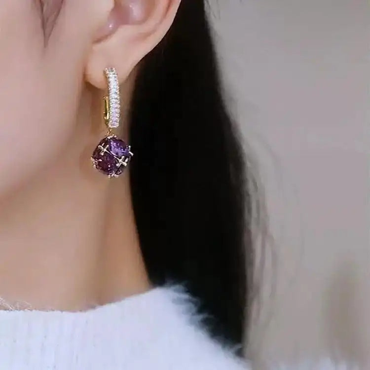 Purple Crystal Sphere Hoop Earrings