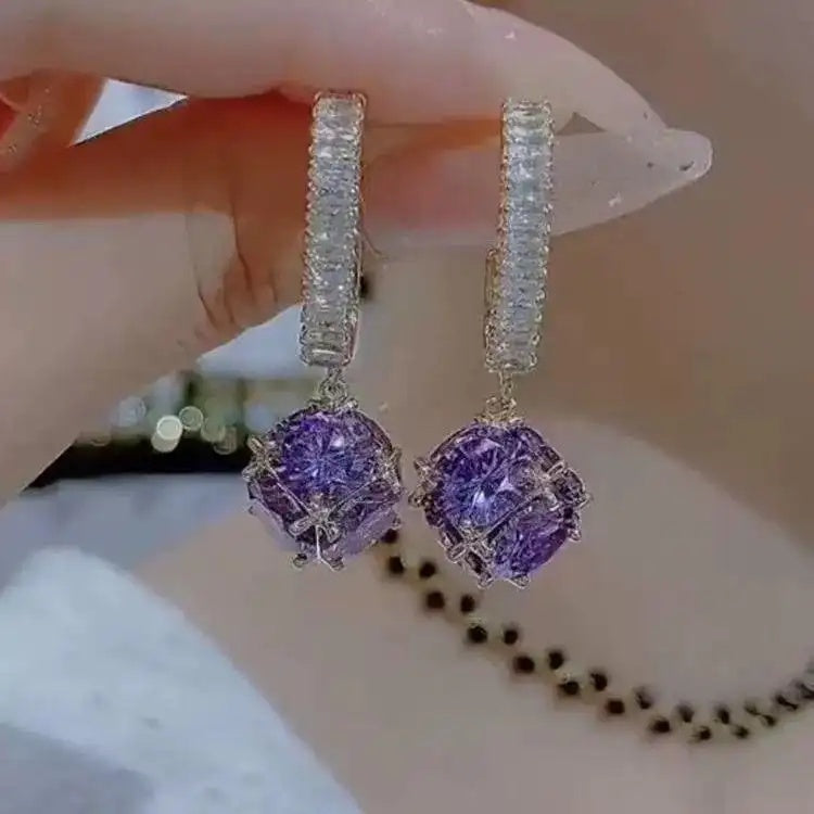 Purple Crystal Sphere Hoop Earrings