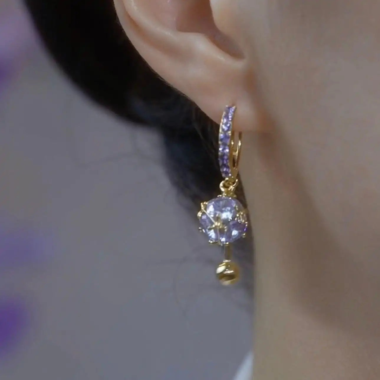 Purple Crystal Tassel Ball Drop Earrings