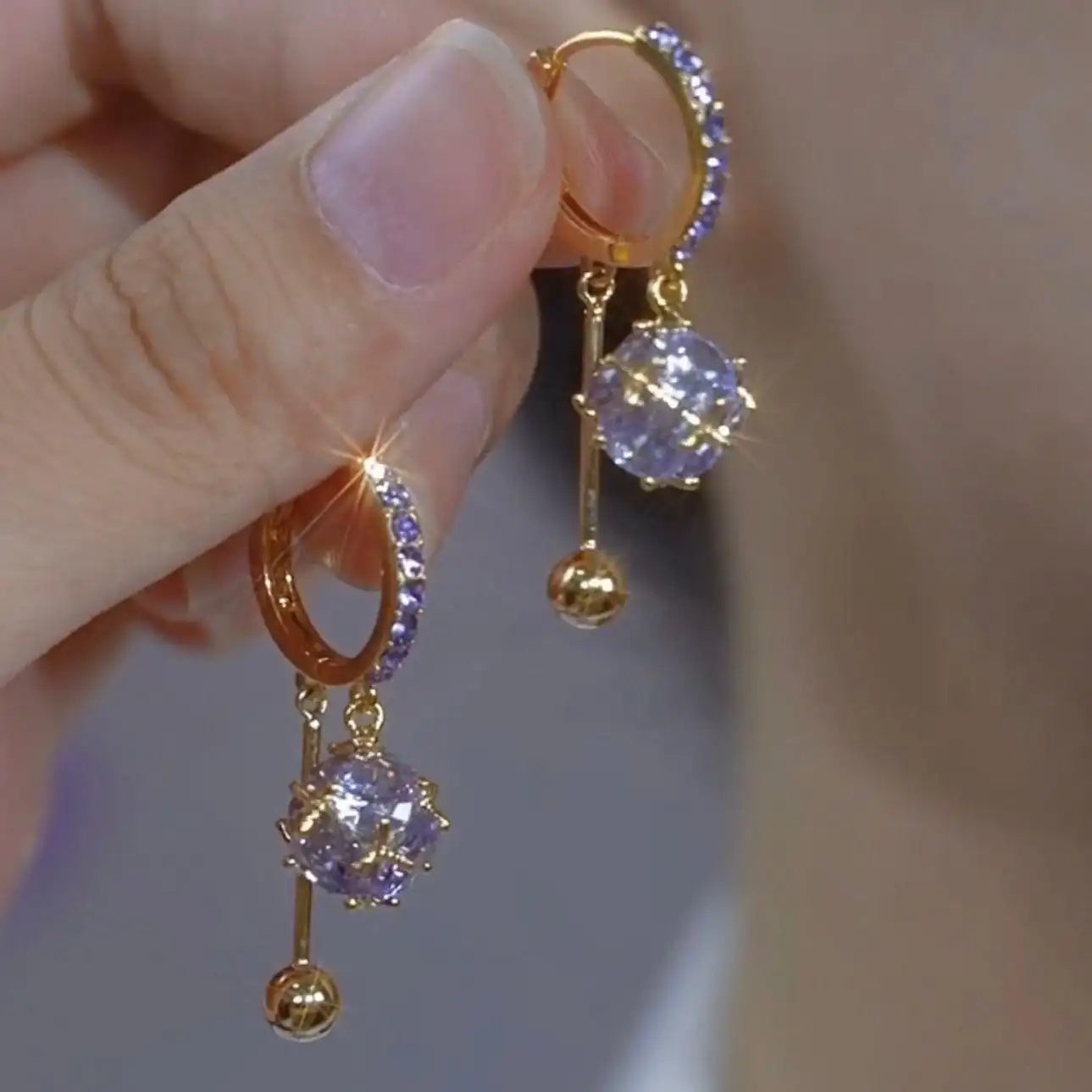 Purple Crystal Tassel Ball Drop Earrings