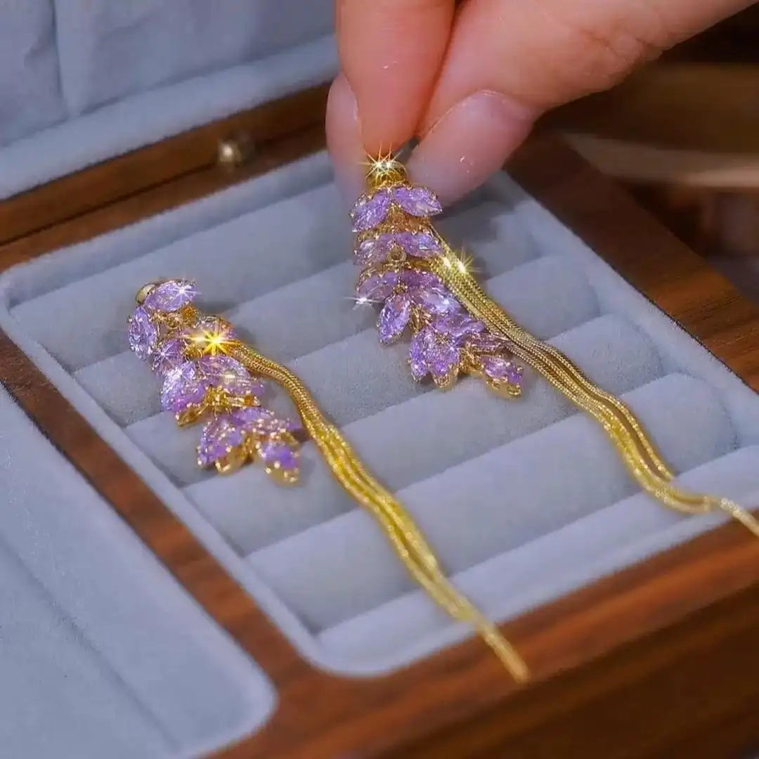 Purple Crystal Wheat Tassel Drop Earrings