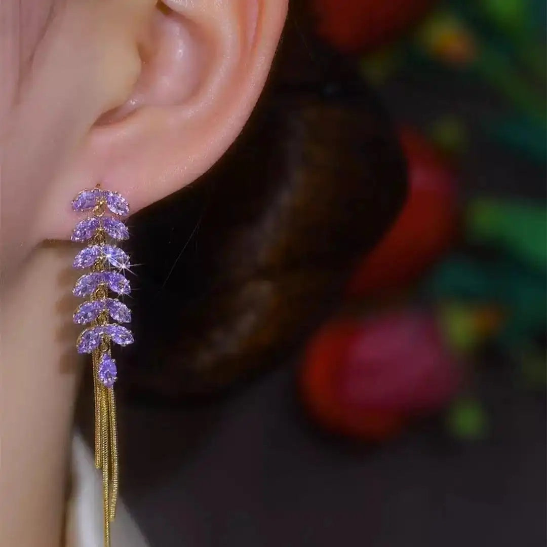 Purple Crystal Wheat Tassel Drop Earrings