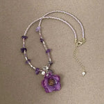 Purple Dried Flower Rose Beaded Pendant Necklace