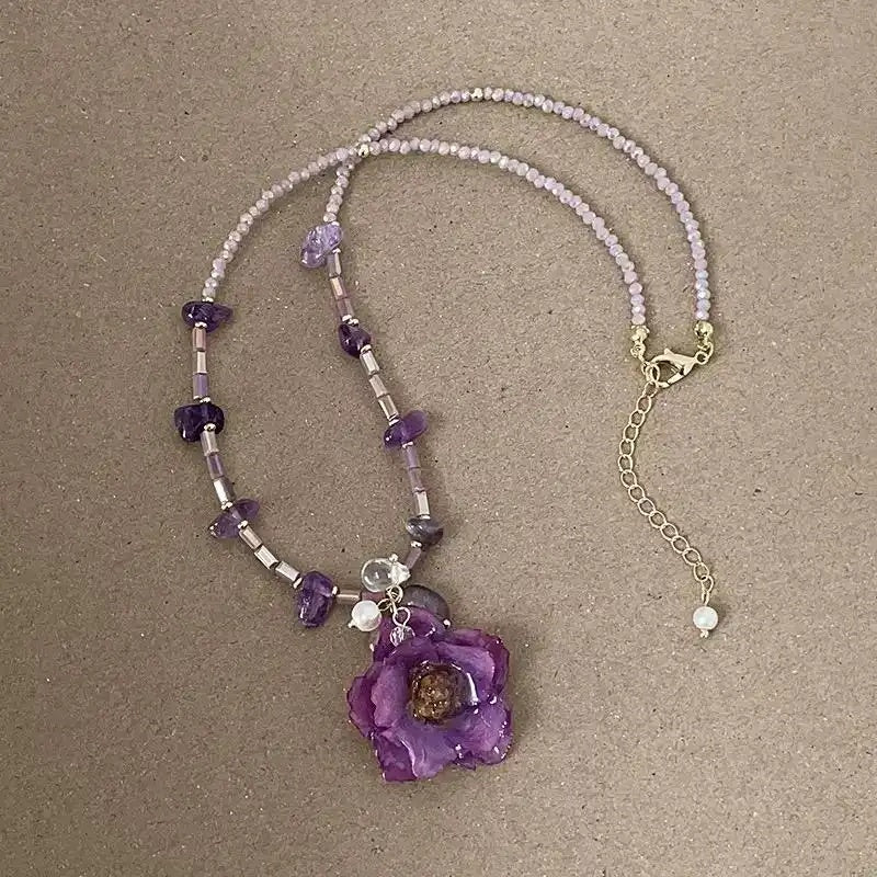 Purple Dried Flower Rose Beaded Pendant Necklace