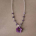 Purple Dried Flower Rose Beaded Pendant Necklace