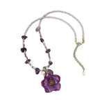 Purple Dried Flower Rose Beaded Pendant Necklace