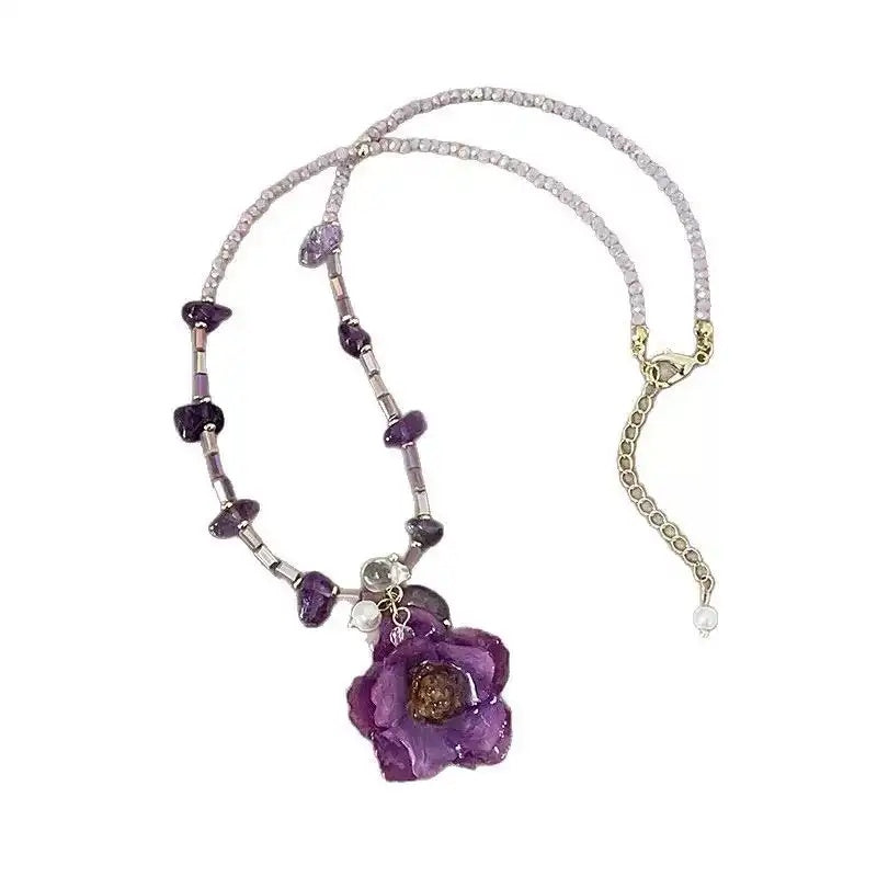 Purple Dried Flower Rose Beaded Pendant Necklace